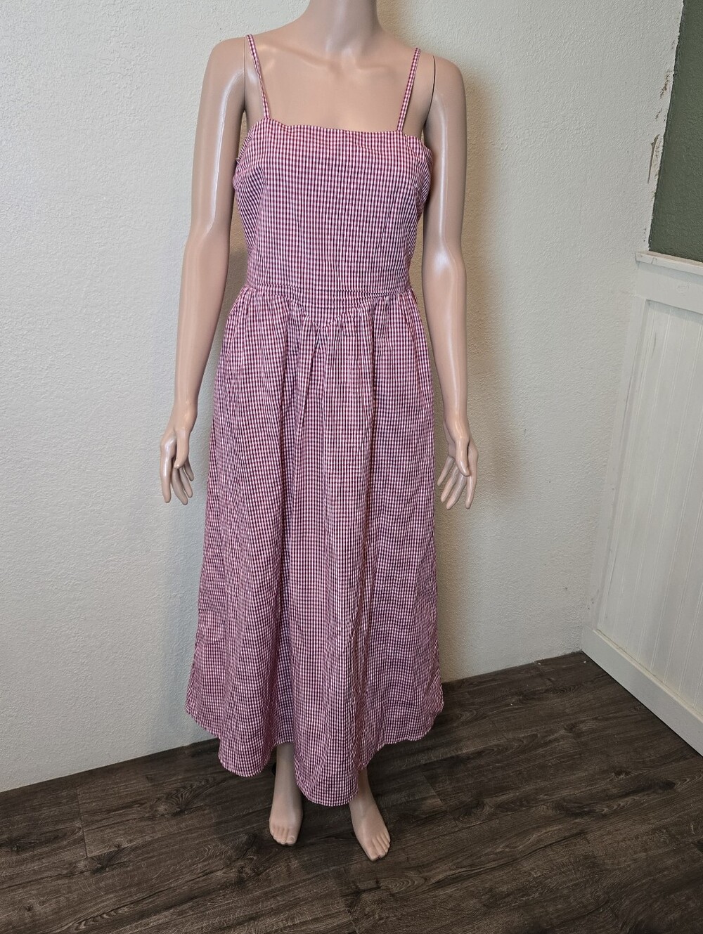 Japna Women’s Medium Red Gingham SunDress Smocked Bodice Long Skirt Pockets - Picture 2 of 13